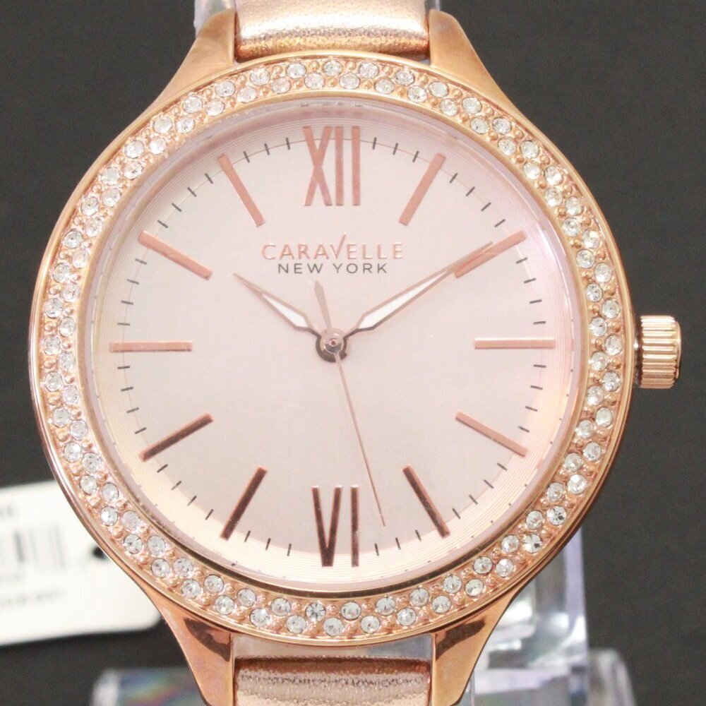 Caravelle Ladies Dress Watch By Bulova Crystal Bezel Dial Rose Gold Tones 38mm - Picture 9 of 12